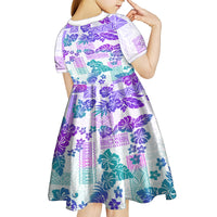 Vintage Hawaii Kid Short Sleeve Dress Hibiscus Tapa Tribal With Hawaiian Quilt Pattern Purple - Wonder Print Shop
