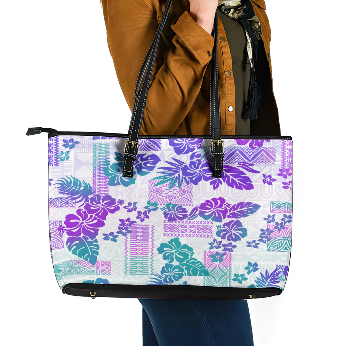 Vintage Hawaii Leather Tote Bag Hibiscus Tapa Tribal With Hawaiian Quilt Pattern Purple - Wonder Print Shop
