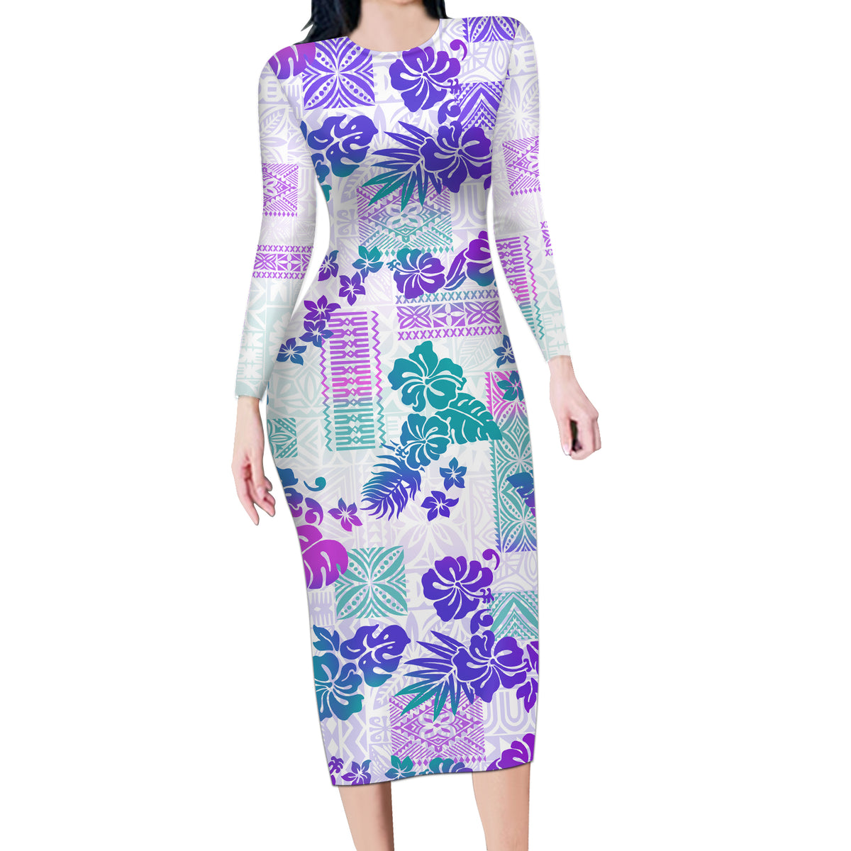 Vintage Hawaii Long Sleeve Bodycon Dress Hibiscus Tapa Tribal With Hawaiian Quilt Pattern Purple - Wonder Print Shop