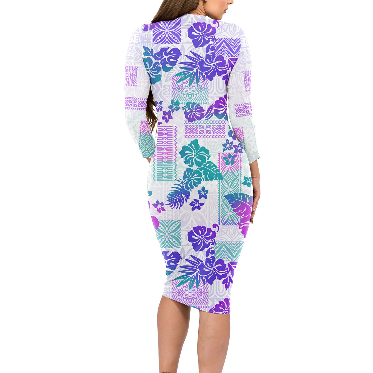 Vintage Hawaii Long Sleeve Bodycon Dress Hibiscus Tapa Tribal With Hawaiian Quilt Pattern Purple - Wonder Print Shop