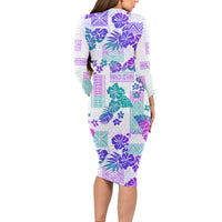 Vintage Hawaii Long Sleeve Bodycon Dress Hibiscus Tapa Tribal With Hawaiian Quilt Pattern Purple - Wonder Print Shop
