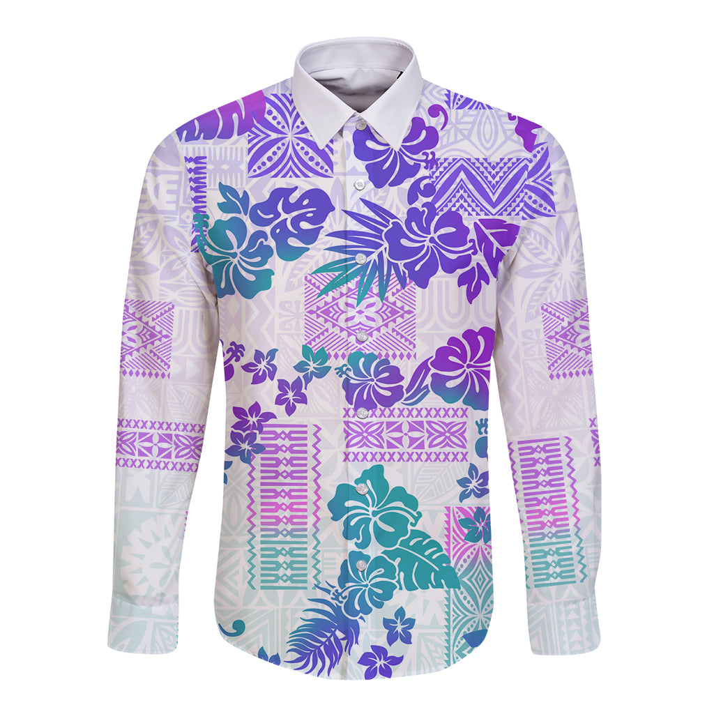 Vintage Hawaii Long Sleeve Button Shirt Hibiscus Tapa Tribal With Hawaiian Quilt Pattern Purple - Wonder Print Shop
