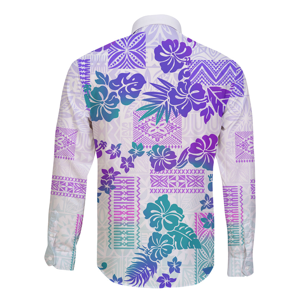 Vintage Hawaii Long Sleeve Button Shirt Hibiscus Tapa Tribal With Hawaiian Quilt Pattern Purple - Wonder Print Shop