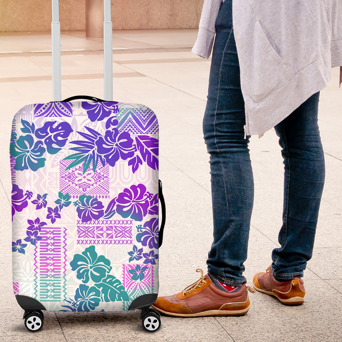 Vintage Hawaii Luggage Cover Hibiscus Tapa Tribal With Hawaiian Quilt Pattern Purple - Wonder Print Shop