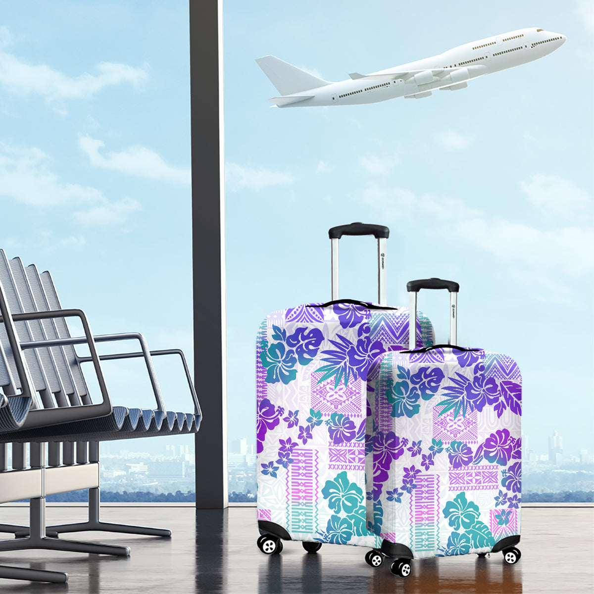 Vintage Hawaii Luggage Cover Hibiscus Tapa Tribal With Hawaiian Quilt Pattern Purple - Wonder Print Shop