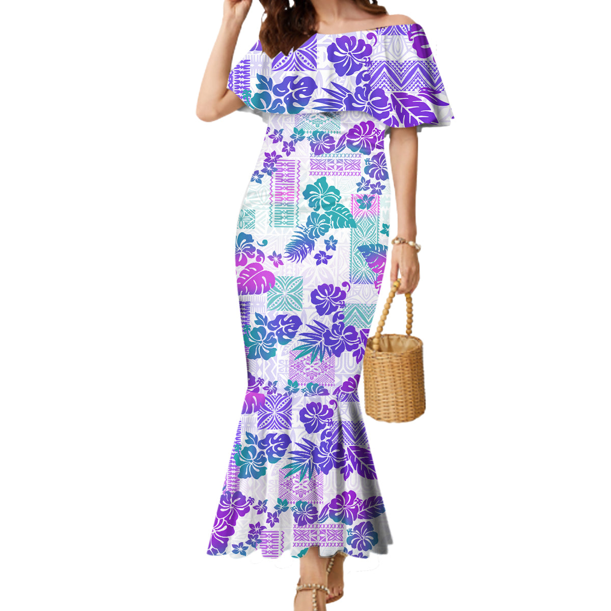 Vintage Hawaii Mermaid Dress Hibiscus Tapa Tribal With Hawaiian Quilt Pattern Purple - Wonder Print Shop