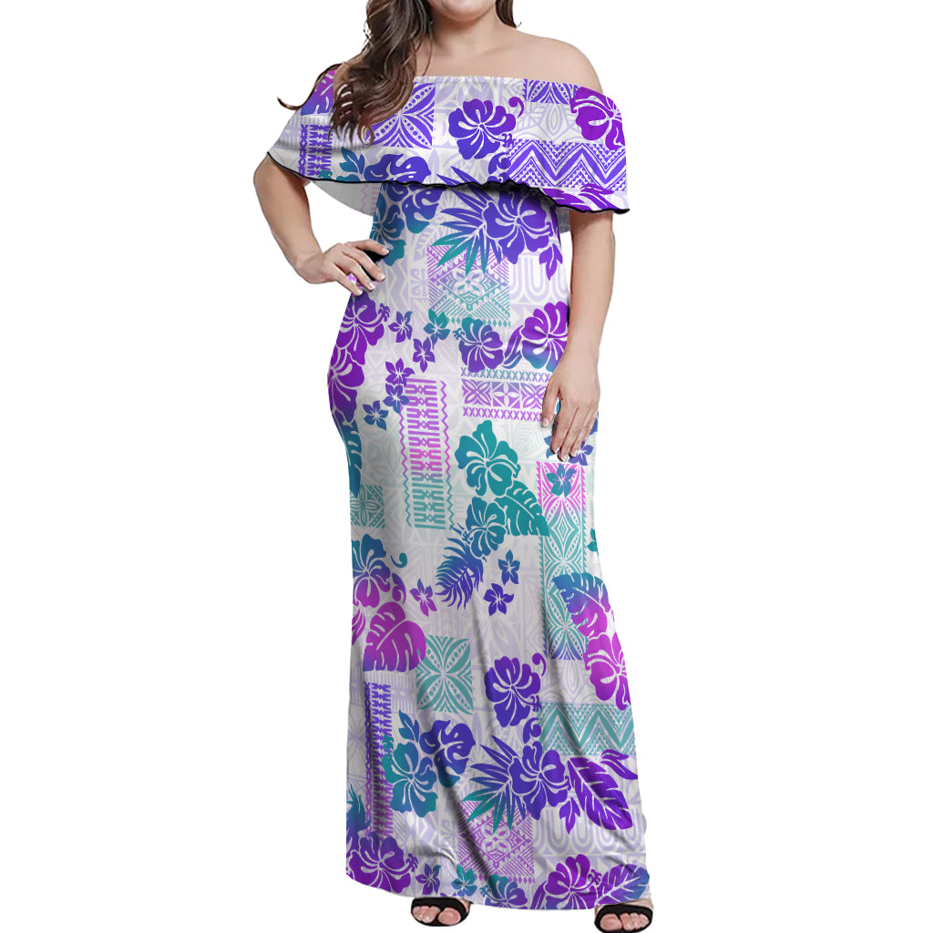 Vintage Hawaii Off Shoulder Maxi Dress Hibiscus Tapa Tribal With Hawaiian Quilt Pattern Purple - Wonder Print Shop