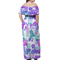 Vintage Hawaii Off Shoulder Maxi Dress Hibiscus Tapa Tribal With Hawaiian Quilt Pattern Purple - Wonder Print Shop