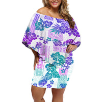 Vintage Hawaii Off Shoulder Short Dress Hibiscus Tapa Tribal With Hawaiian Quilt Pattern Purple - Wonder Print Shop