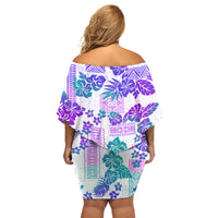 Vintage Hawaii Off Shoulder Short Dress Hibiscus Tapa Tribal With Hawaiian Quilt Pattern Purple - Wonder Print Shop