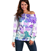 Vintage Hawaii Off Shoulder Sweater Hibiscus Tapa Tribal With Hawaiian Quilt Pattern Purple - Wonder Print Shop