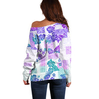 Vintage Hawaii Off Shoulder Sweater Hibiscus Tapa Tribal With Hawaiian Quilt Pattern Purple - Wonder Print Shop
