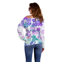 Vintage Hawaii Off Shoulder Sweater Hibiscus Tapa Tribal With Hawaiian Quilt Pattern Purple - Wonder Print Shop