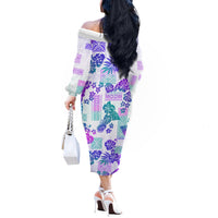 Vintage Hawaii Off The Shoulder Long Sleeve Dress Hibiscus Tapa Tribal With Hawaiian Quilt Pattern Purple - Wonder Print Shop