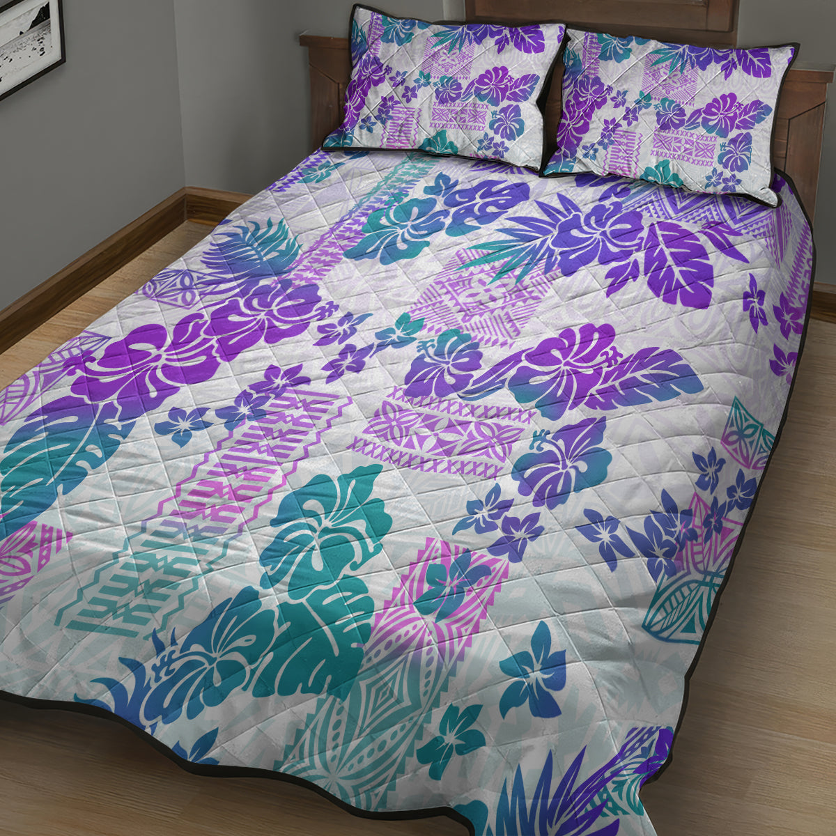Vintage Hawaii Quilt Bed Set Hibiscus Tapa Tribal With Hawaiian Quilt Pattern Purple - Wonder Print Shop