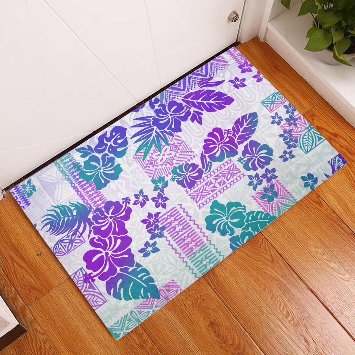 Vintage Hawaii Rubber Doormat Hibiscus Tapa Tribal With Hawaiian Quilt Pattern Purple - Wonder Print Shop