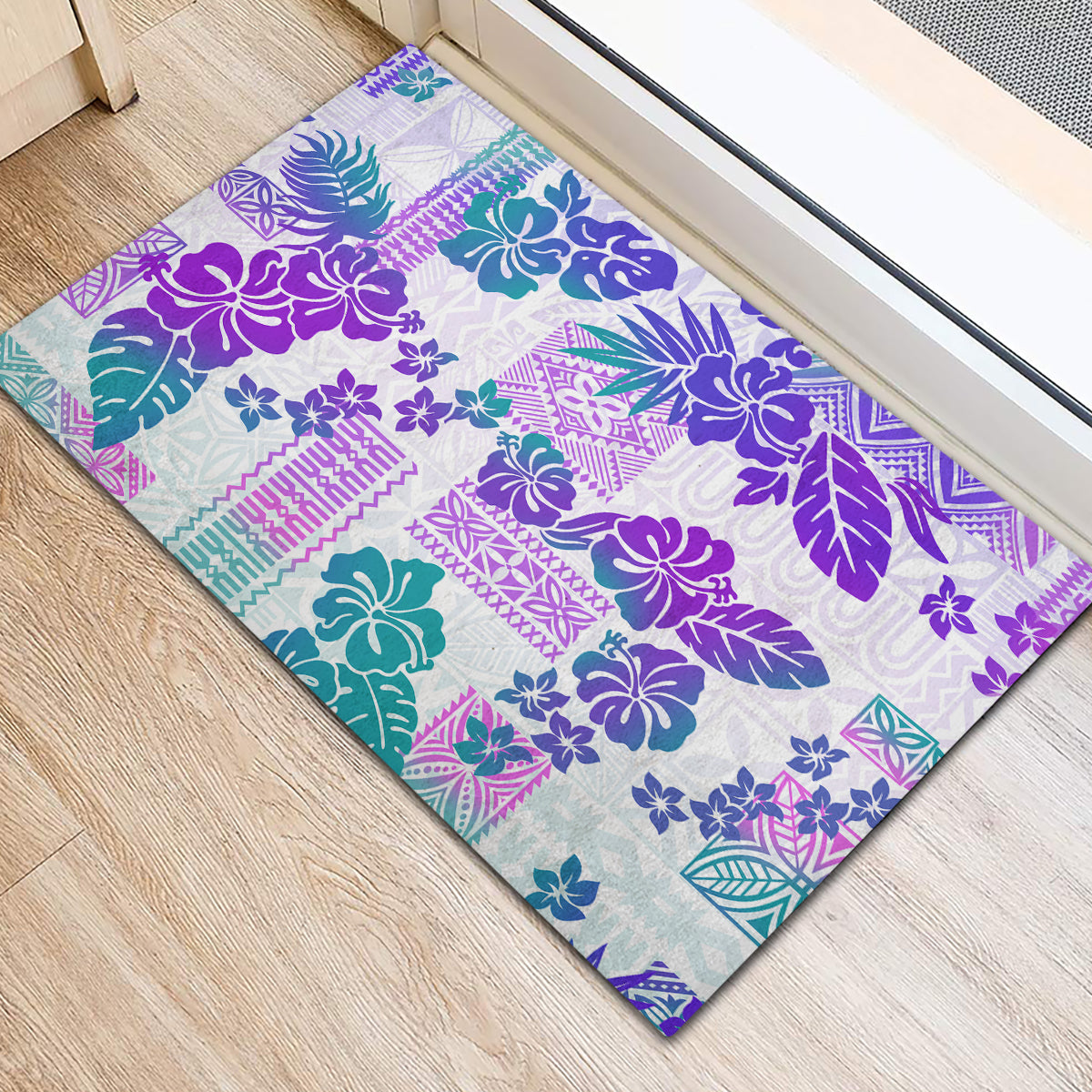 Vintage Hawaii Rubber Doormat Hibiscus Tapa Tribal With Hawaiian Quilt Pattern Purple - Wonder Print Shop