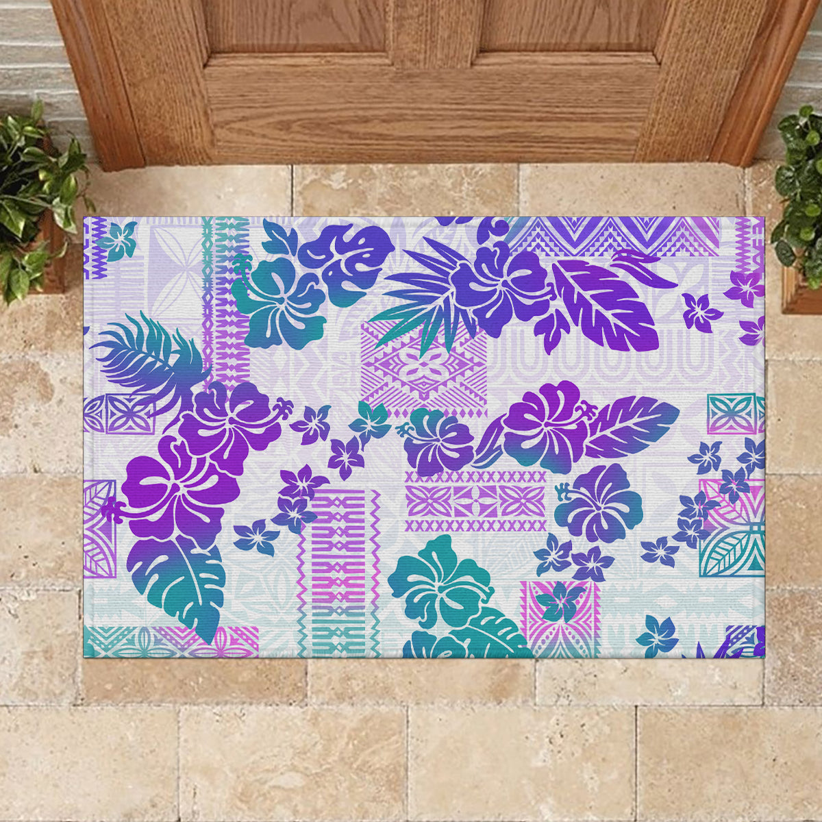 Vintage Hawaii Rubber Doormat Hibiscus Tapa Tribal With Hawaiian Quilt Pattern Purple - Wonder Print Shop
