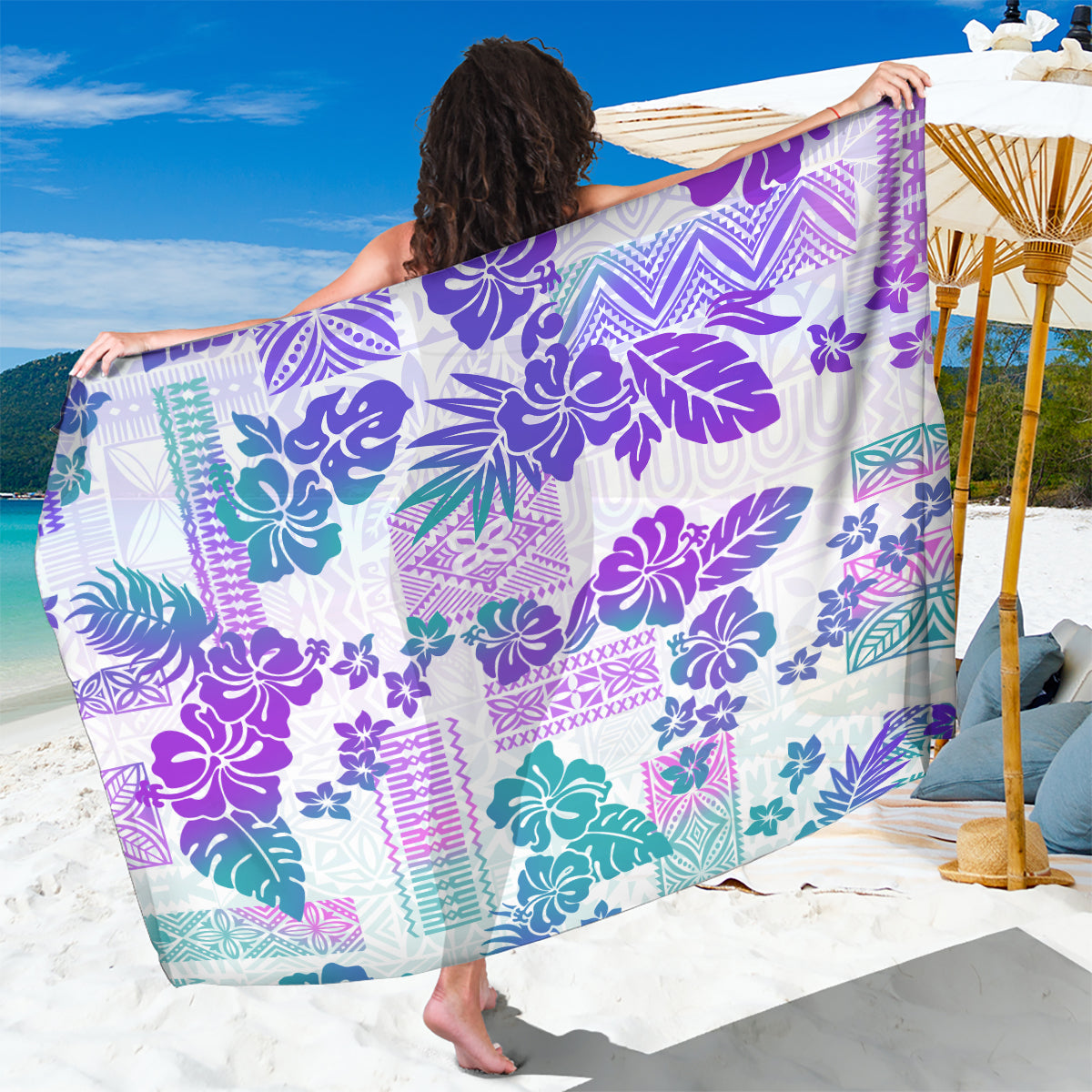 Vintage Hawaii Sarong Hibiscus Tapa Tribal With Hawaiian Quilt Pattern Purple - Wonder Print Shop