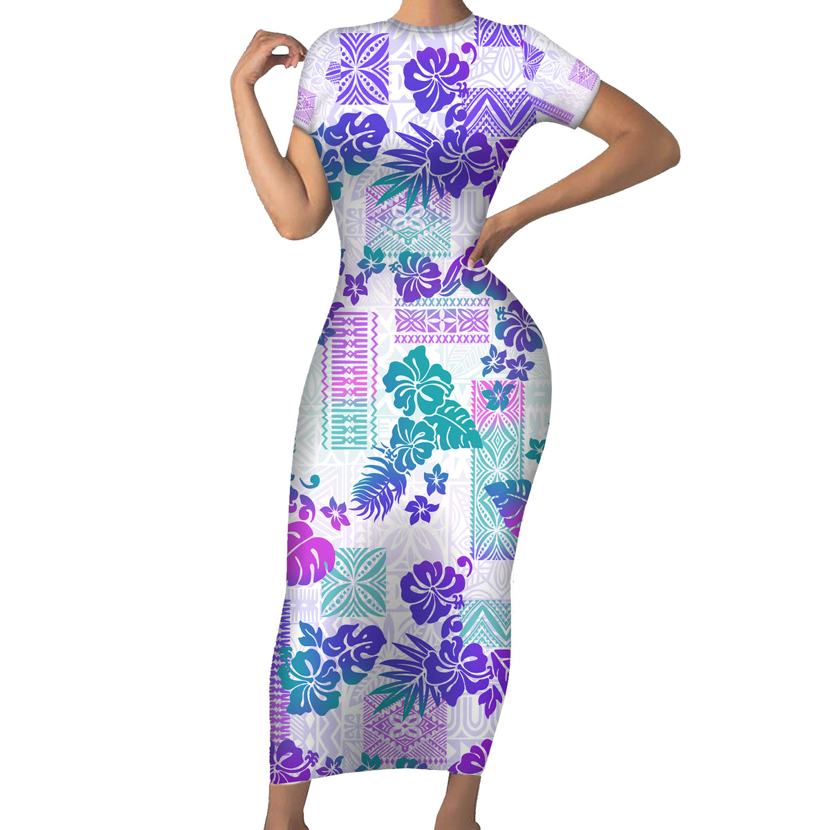 Vintage Hawaii Short Sleeve Bodycon Dress Hibiscus Tapa Tribal With Hawaiian Quilt Pattern Purple - Wonder Print Shop