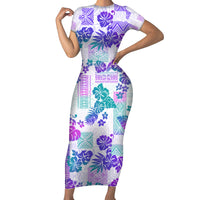 Vintage Hawaii Short Sleeve Bodycon Dress Hibiscus Tapa Tribal With Hawaiian Quilt Pattern Purple - Wonder Print Shop