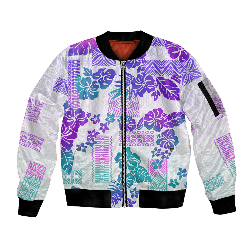 Vintage Hawaii Sleeve Zip Bomber Jacket Hibiscus Tapa Tribal With Hawaiian Quilt Pattern Purple - Wonder Print Shop