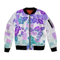 Vintage Hawaii Sleeve Zip Bomber Jacket Hibiscus Tapa Tribal With Hawaiian Quilt Pattern Purple - Wonder Print Shop