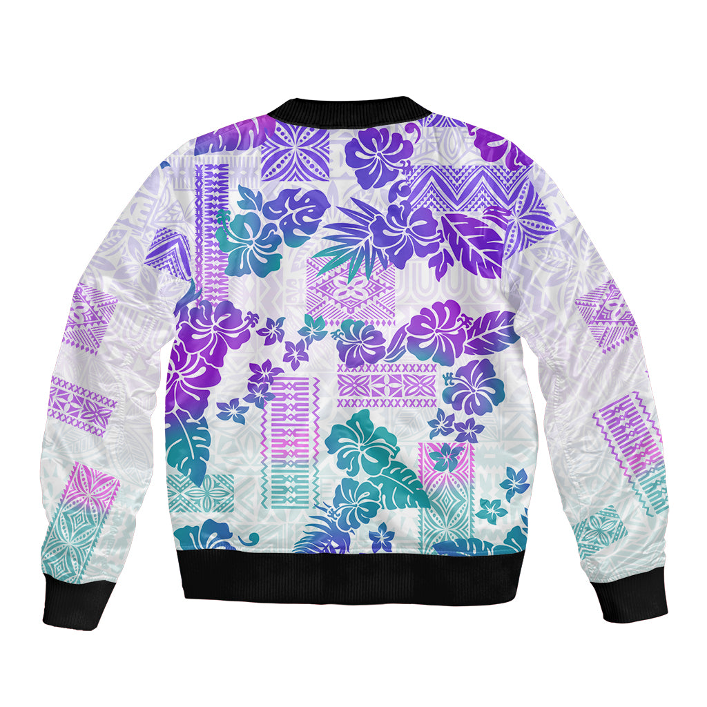 Vintage Hawaii Sleeve Zip Bomber Jacket Hibiscus Tapa Tribal With Hawaiian Quilt Pattern Purple - Wonder Print Shop