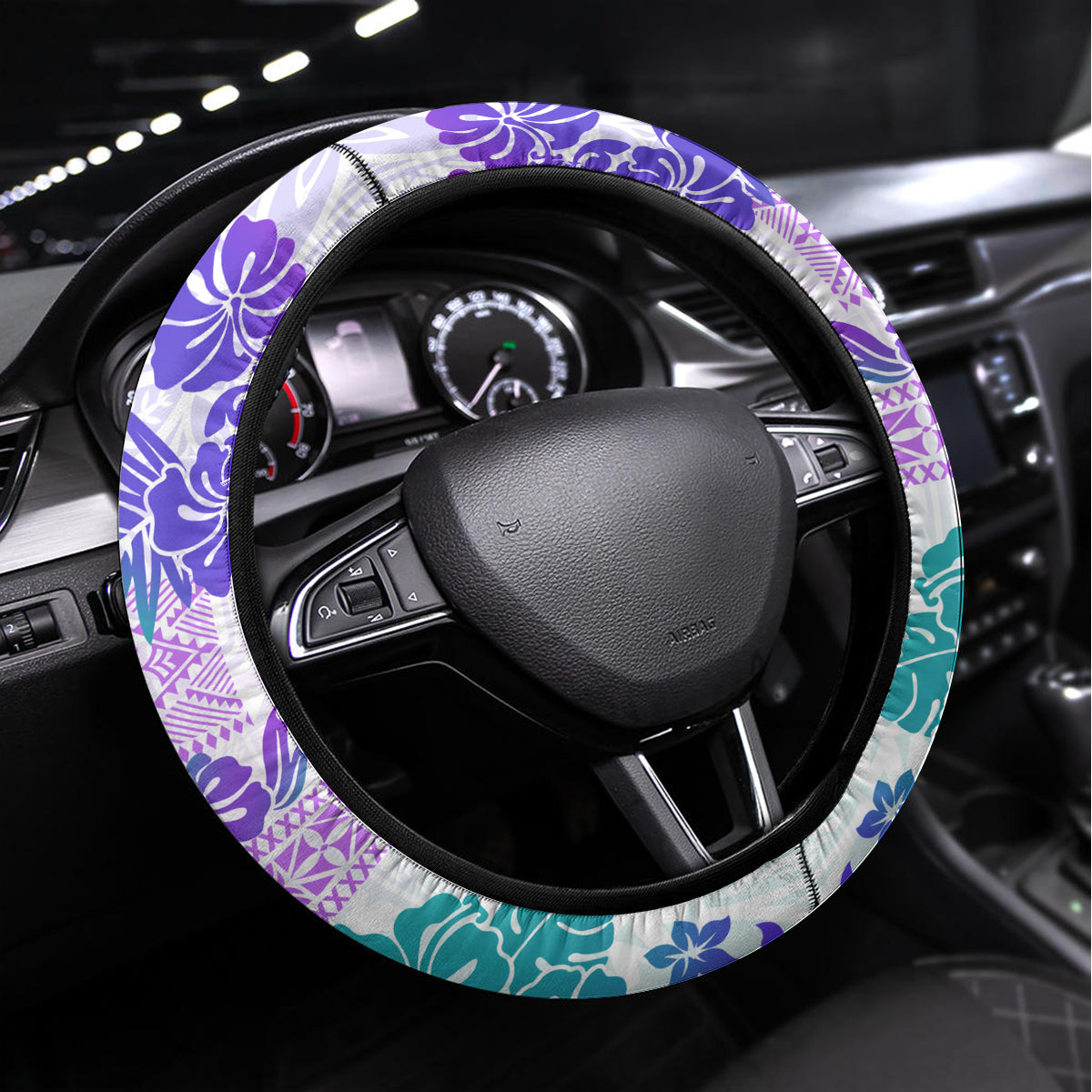 Vintage Hawaii Steering Wheel Cover Hibiscus Tapa Tribal With Hawaiian Quilt Pattern Purple - Wonder Print Shop