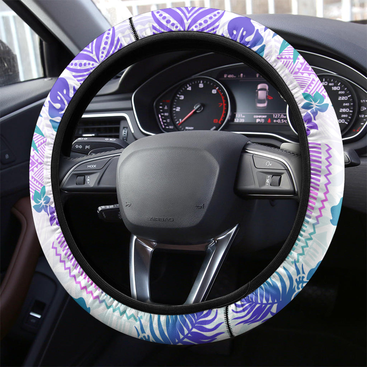 Vintage Hawaii Steering Wheel Cover Hibiscus Tapa Tribal With Hawaiian Quilt Pattern Purple - Wonder Print Shop