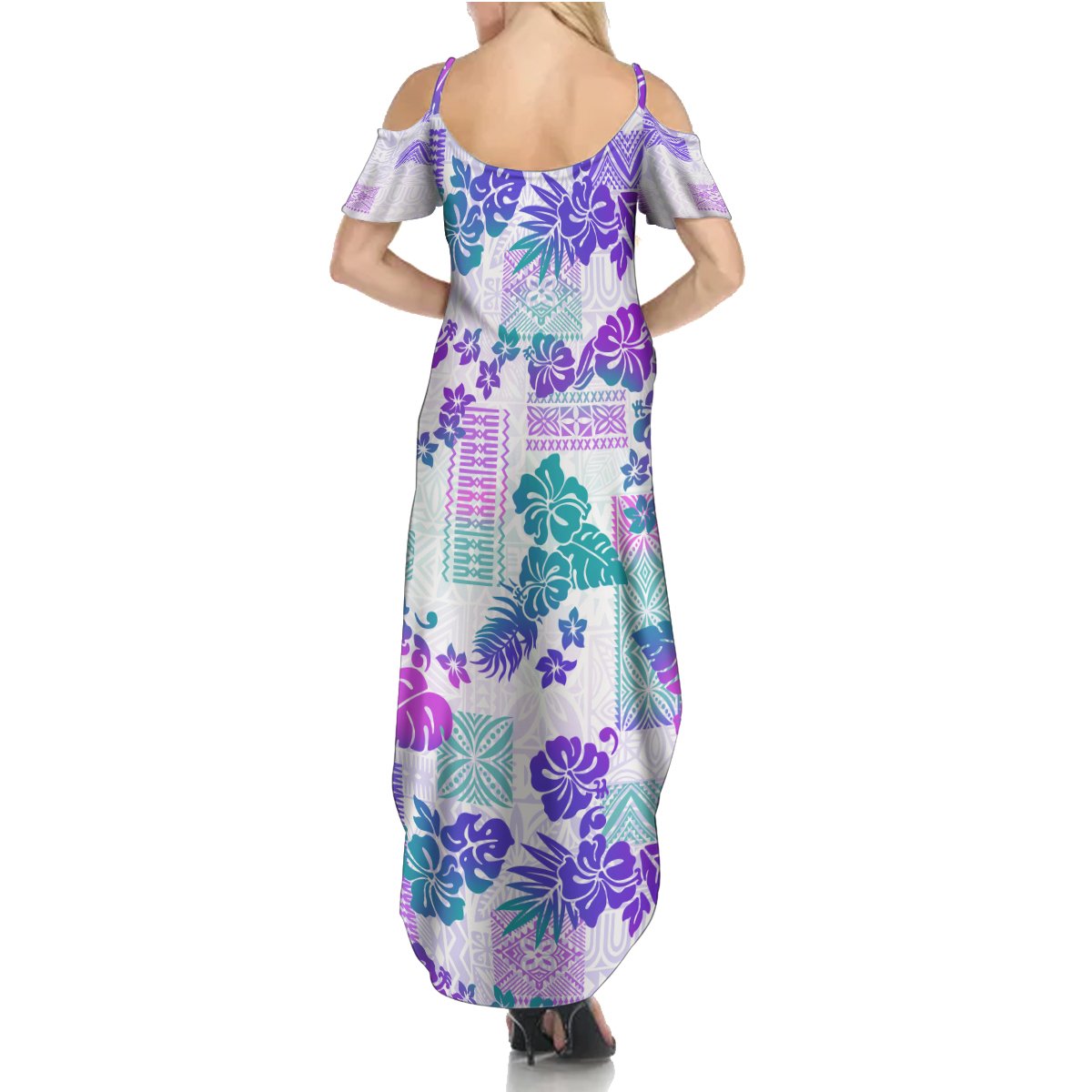 Vintage Hawaii Summer Maxi Dress Hibiscus Tapa Tribal With Hawaiian Quilt Pattern Purple - Wonder Print Shop