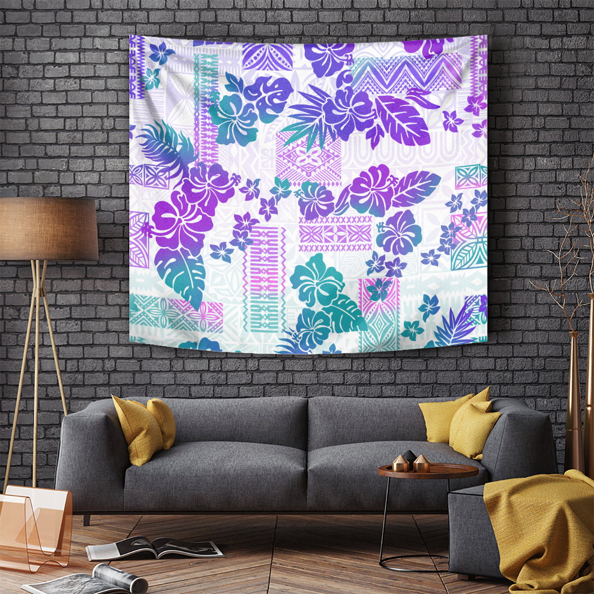 Vintage Hawaii Tapestry Hibiscus Tapa Tribal With Hawaiian Quilt Pattern Purple - Wonder Print Shop