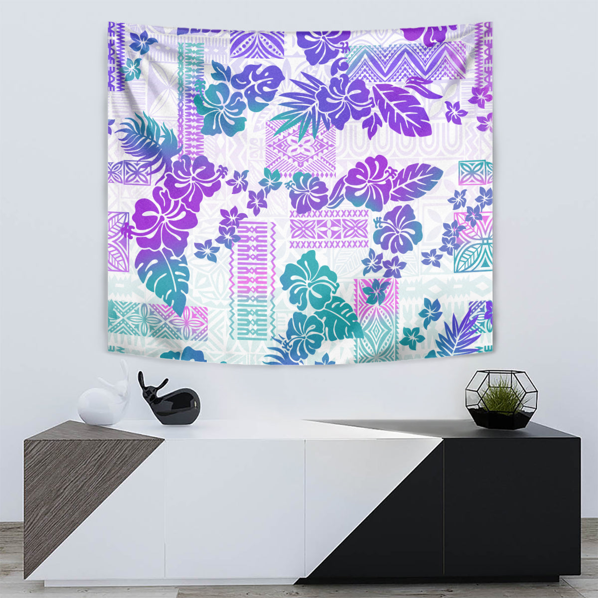 Vintage Hawaii Tapestry Hibiscus Tapa Tribal With Hawaiian Quilt Pattern Purple - Wonder Print Shop
