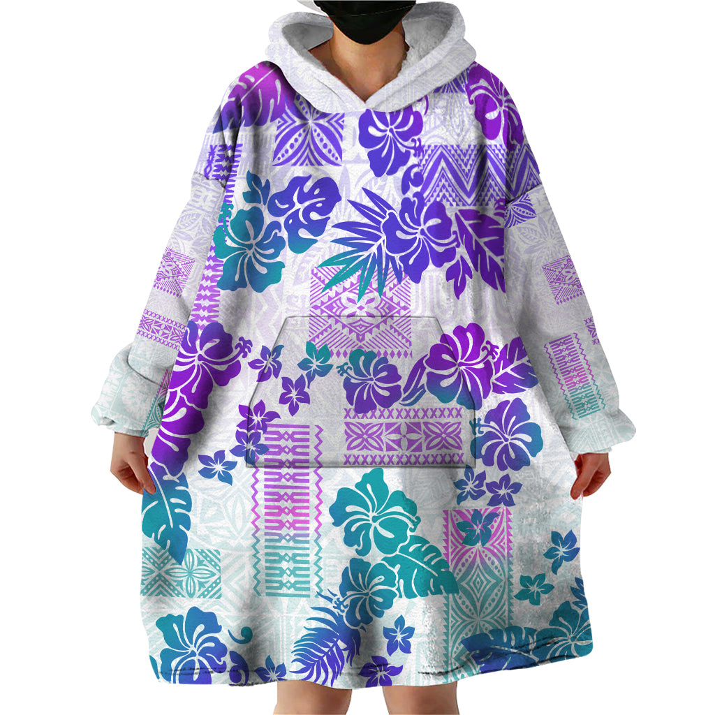 Vintage Hawaii Wearable Blanket Hoodie Hibiscus Tapa Tribal With Hawaiian Quilt Pattern Purple - Wonder Print Shop