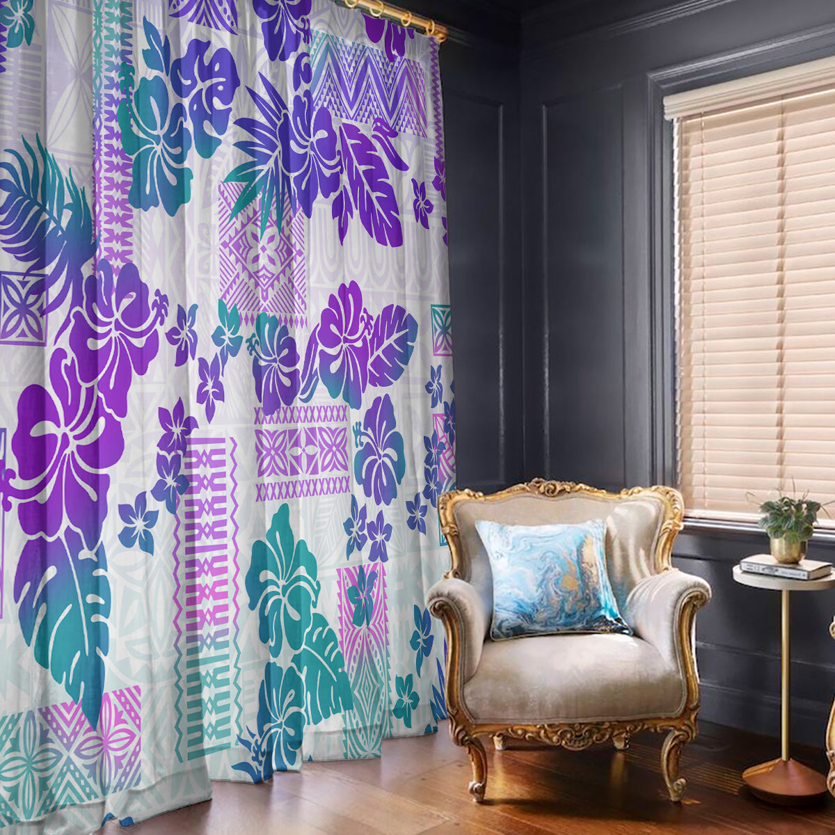 Vintage Hawaii Window Curtain Hibiscus Tapa Tribal With Hawaiian Quilt Pattern Purple - Wonder Print Shop
