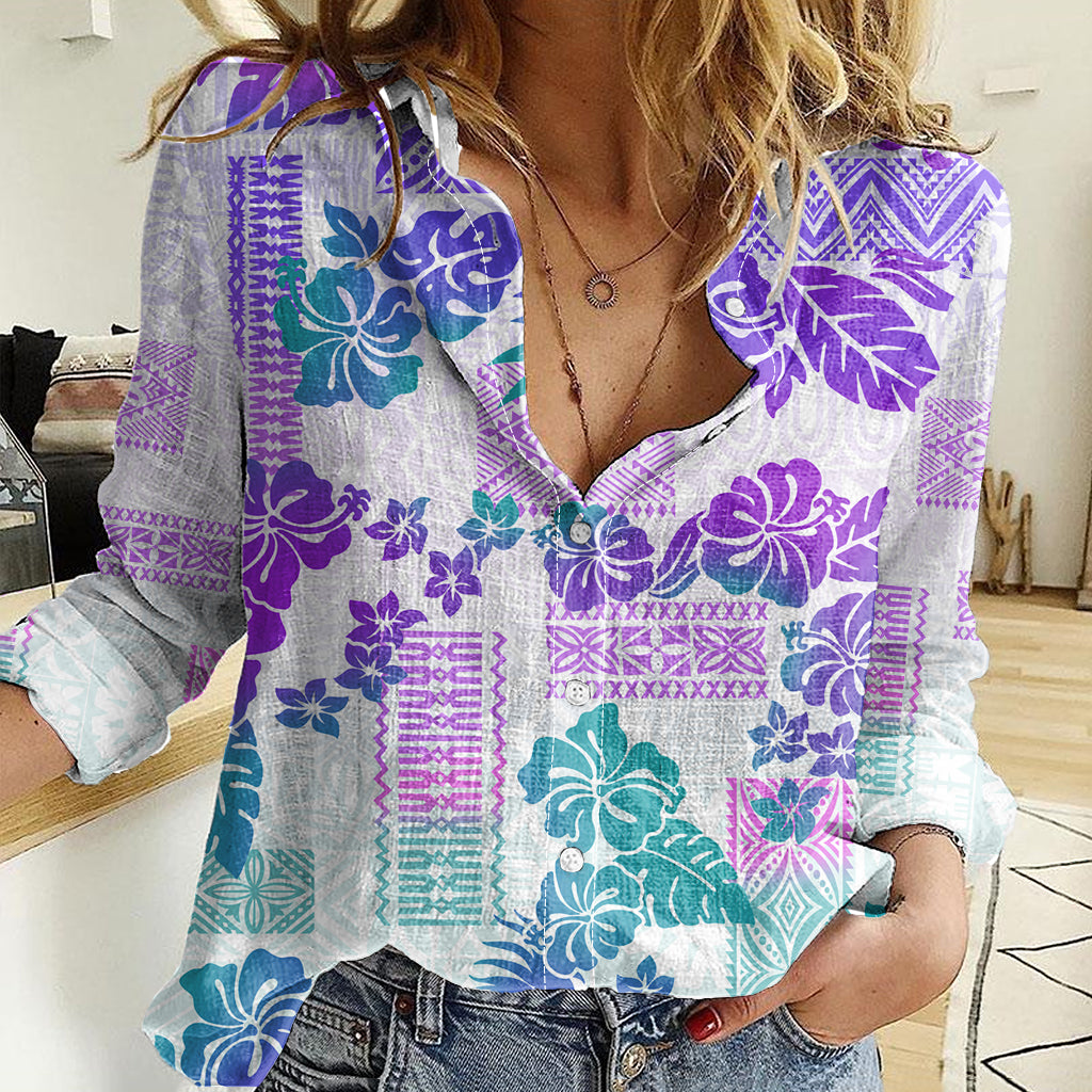 Vintage Hawaii Women Casual Shirt Hibiscus Tapa Tribal With Hawaiian Quilt Pattern Purple - Wonder Print Shop