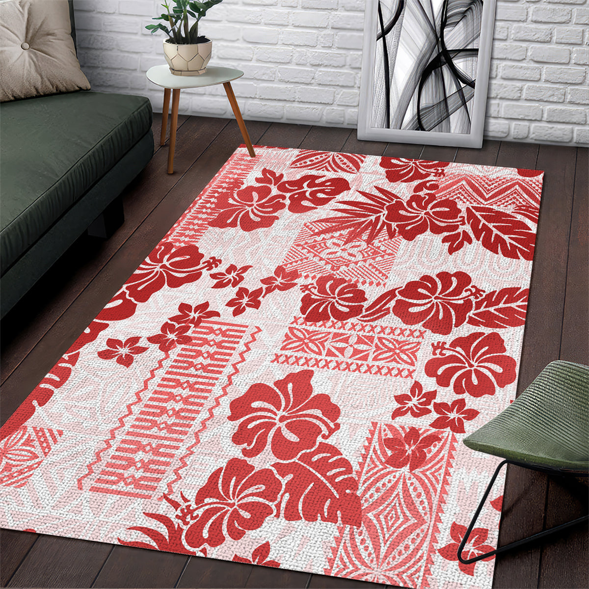 Vintage Hawaii Area Rug Hibiscus Tapa Tribal With Hawaiian Quilt Pattern Red LT9 - Wonder Print Shop