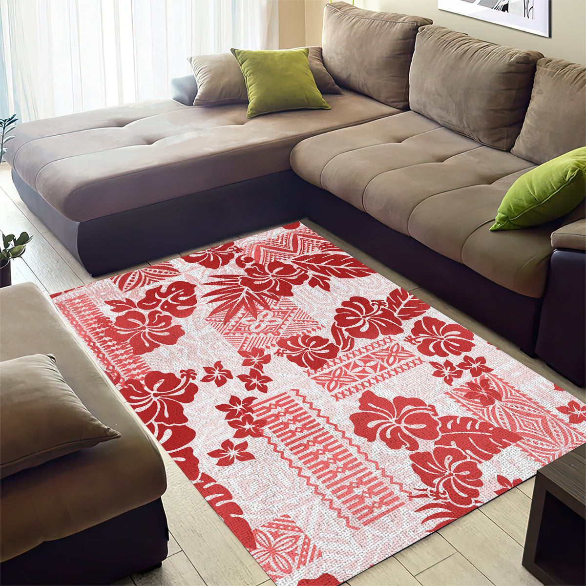 Vintage Hawaii Area Rug Hibiscus Tapa Tribal With Hawaiian Quilt Pattern Red LT9 - Wonder Print Shop