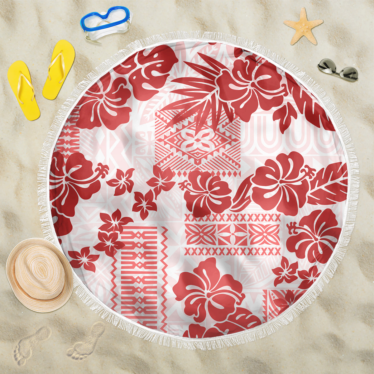 Vintage Hawaii Beach Blanket Hibiscus Tapa Tribal With Hawaiian Quilt Pattern Red LT9 - Wonder Print Shop