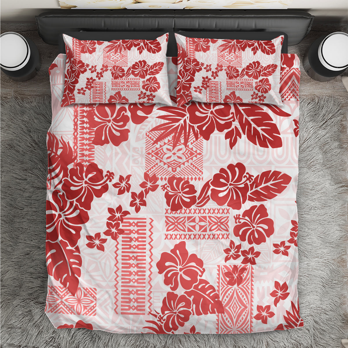 Vintage Hawaii Bedding Set Hibiscus Tapa Tribal With Hawaiian Quilt Pattern Red LT9 - Wonder Print Shop