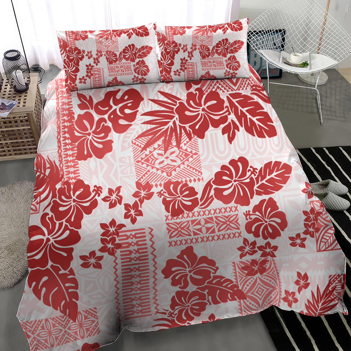 Vintage Hawaii Bedding Set Hibiscus Tapa Tribal With Hawaiian Quilt Pattern Red LT9 - Wonder Print Shop