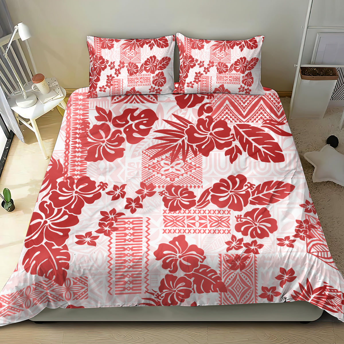 Vintage Hawaii Bedding Set Hibiscus Tapa Tribal With Hawaiian Quilt Pattern Red LT9 - Wonder Print Shop