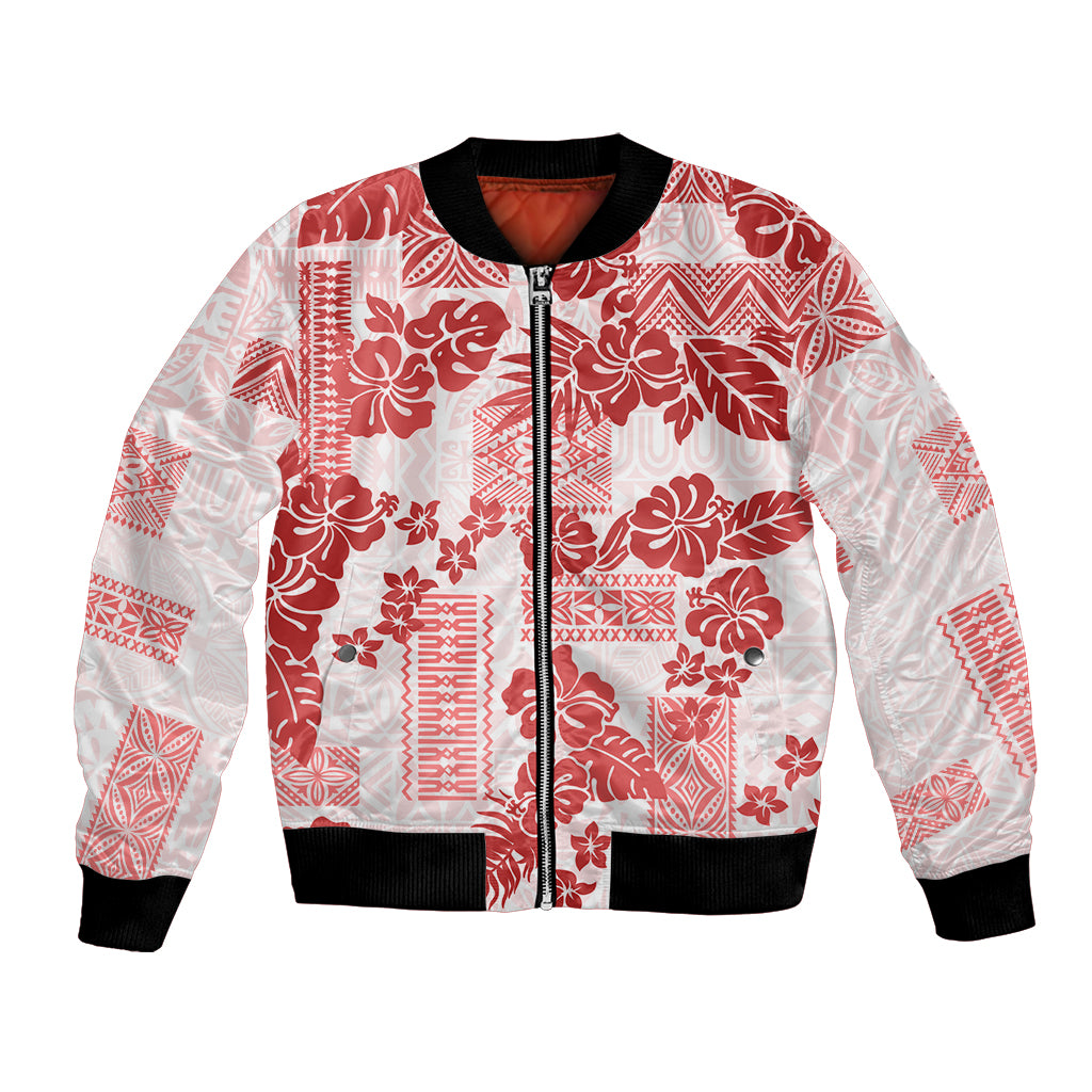 Vintage Hawaii Bomber Jacket Hibiscus Tapa Tribal With Hawaiian Quilt Pattern Red LT9 - Wonder Print Shop