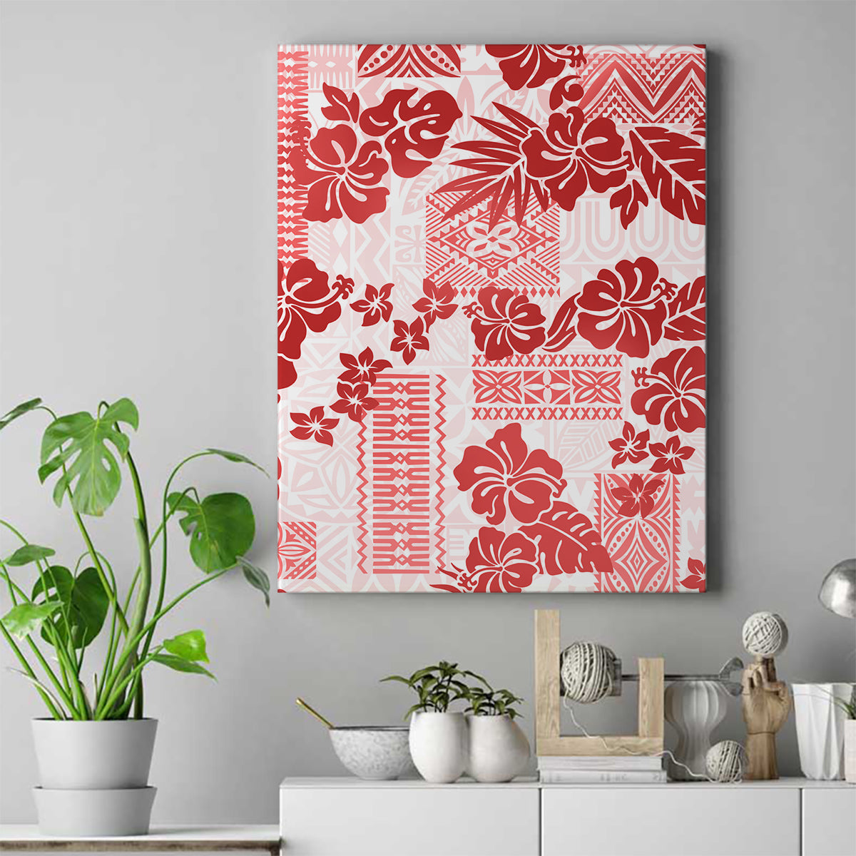 Vintage Hawaii Canvas Wall Art Hibiscus Tapa Tribal With Hawaiian Quilt Pattern Red LT9 - Wonder Print Shop