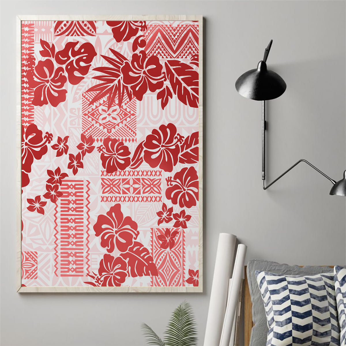 Vintage Hawaii Canvas Wall Art Hibiscus Tapa Tribal With Hawaiian Quilt Pattern Red LT9 - Wonder Print Shop