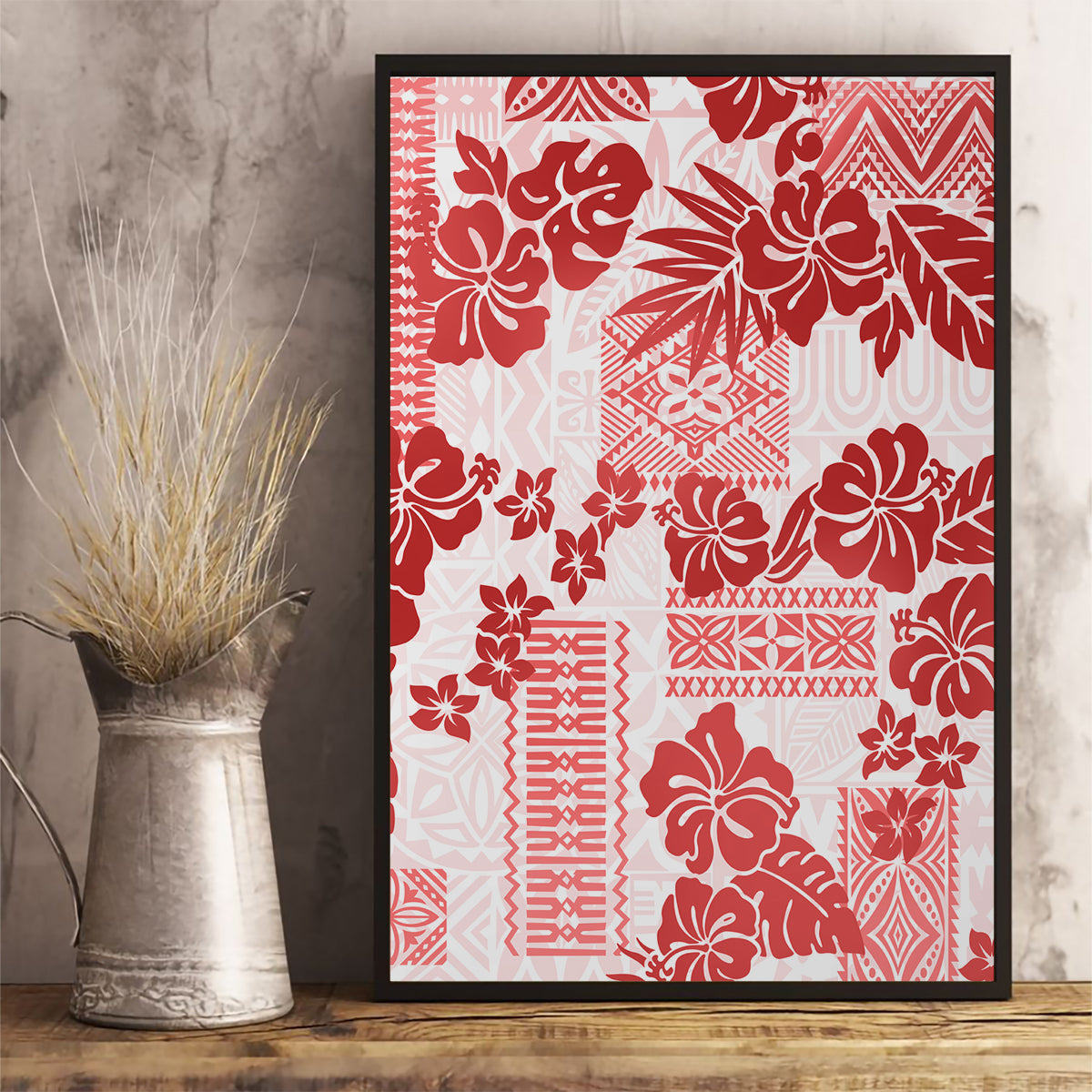Vintage Hawaii Canvas Wall Art Hibiscus Tapa Tribal With Hawaiian Quilt Pattern Red LT9 - Wonder Print Shop