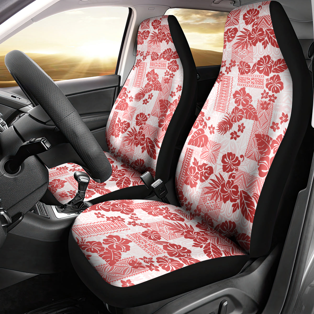 Vintage Hawaii Car Seat Cover Hibiscus Tapa Tribal With Hawaiian Quilt Pattern Red LT9 - Wonder Print Shop