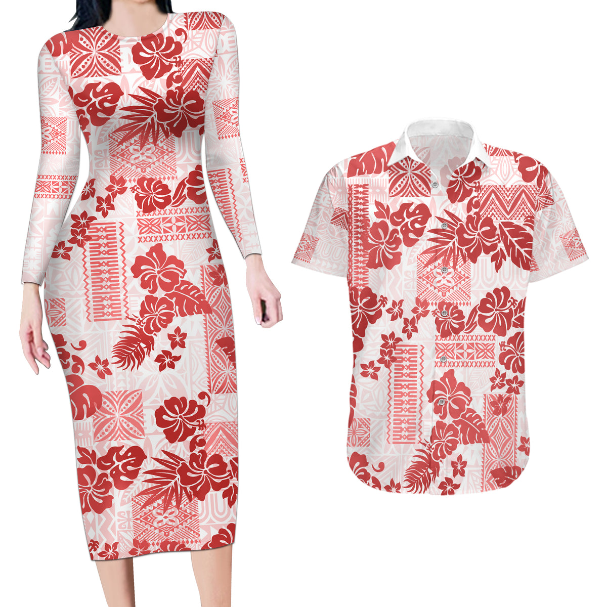 Vintage Hawaii Couples Matching Long Sleeve Bodycon Dress and Hawaiian Shirt Hibiscus Tapa Tribal With Hawaiian Quilt Pattern Red LT9 - Wonder Print Shop