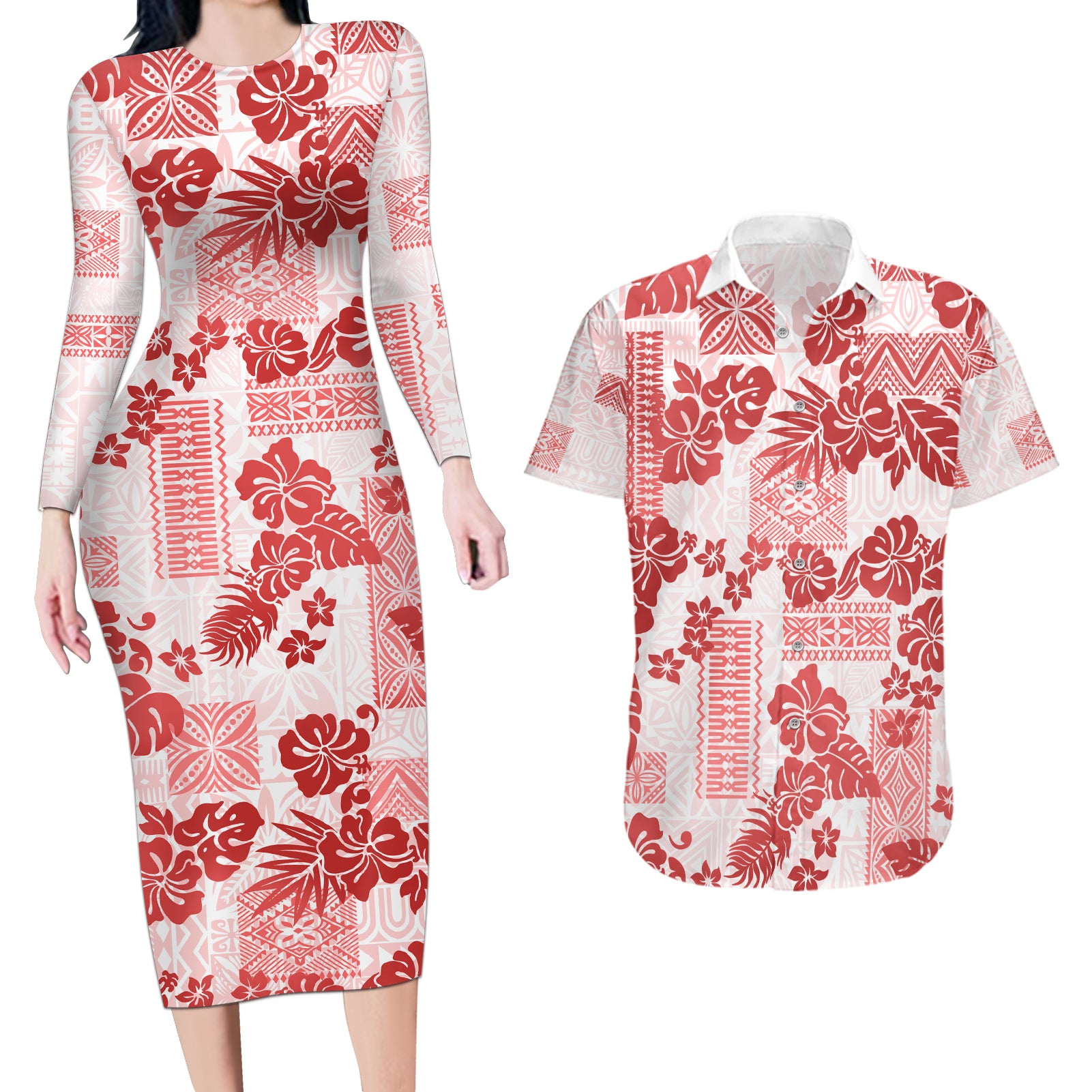 Vintage Hawaii Couples Matching Long Sleeve Bodycon Dress and Hawaiian Shirt Hibiscus Tapa Tribal With Hawaiian Quilt Pattern Red LT9 - Wonder Print Shop