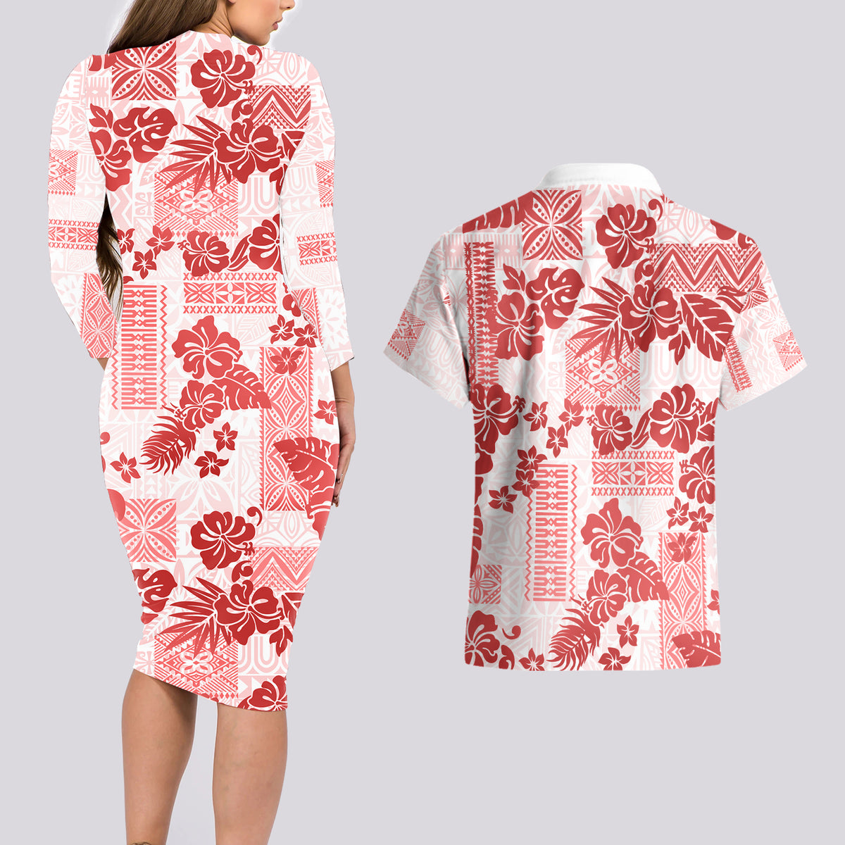 Vintage Hawaii Couples Matching Long Sleeve Bodycon Dress and Hawaiian Shirt Hibiscus Tapa Tribal With Hawaiian Quilt Pattern Red LT9 - Wonder Print Shop